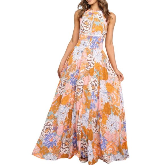 None Dresses & Skirts - Orange Boho Floral Backless Lace up Sleeveless Maxi Dress w/Pockets!